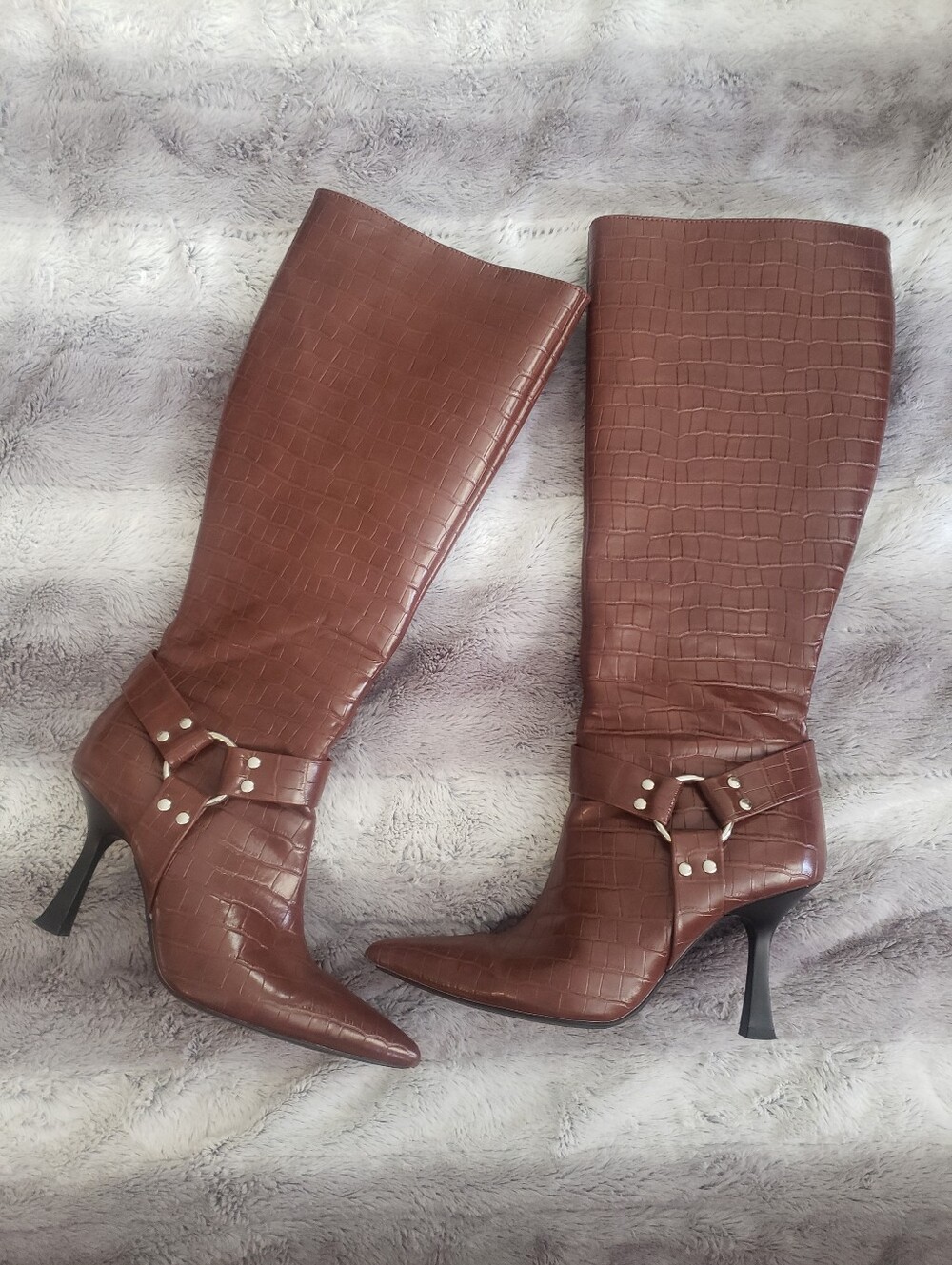 Women's Brown Croc Embossed Knee High Heeled Boots 7